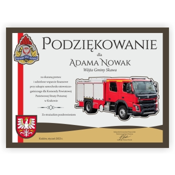 Podziękowanie z wozem strazackim i herbem