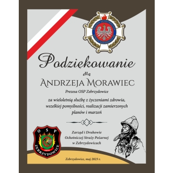 Podziękowanie z herbem jednostki OSP